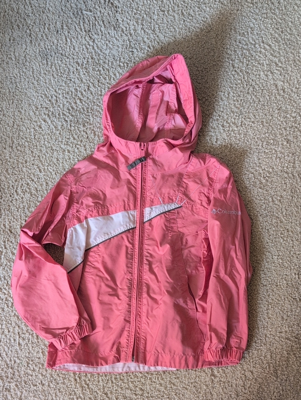 Columbia Pink Hooded Kids' Rain Jacket with White Accent